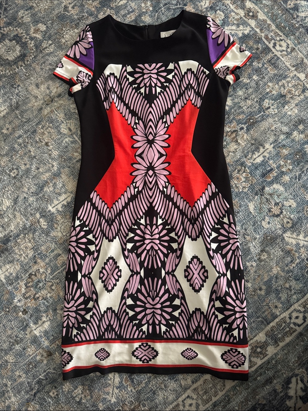 Joseph Ribkoff Floral Geo-Print Sheath Dress in Black, Red & Pink